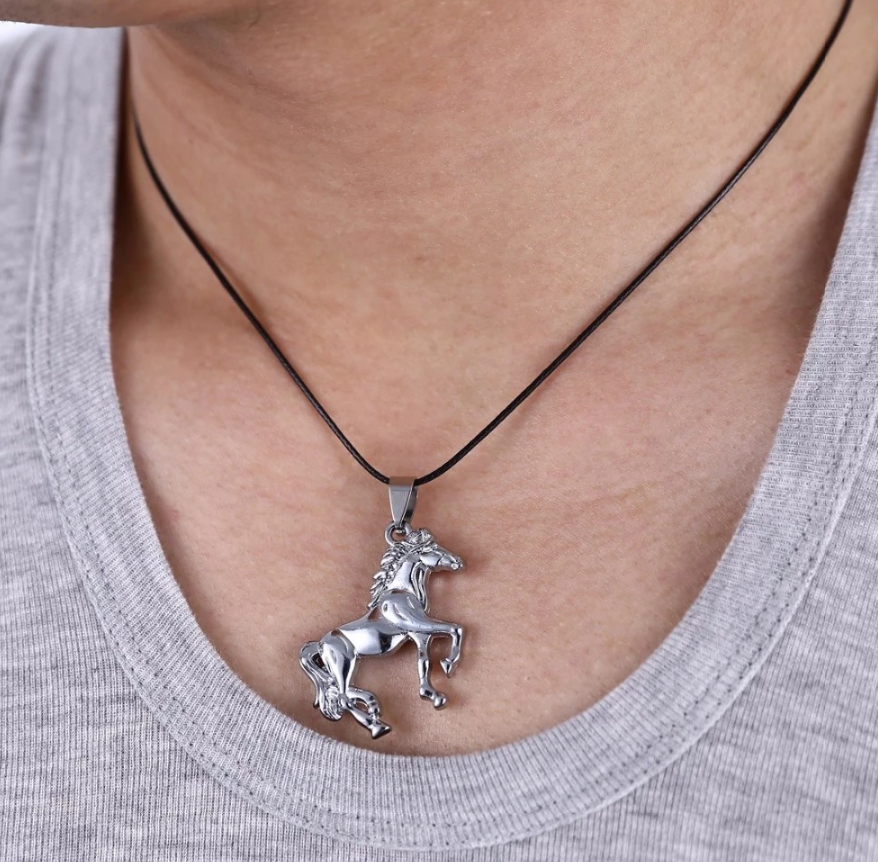 Rope necklace with silver horse pendant